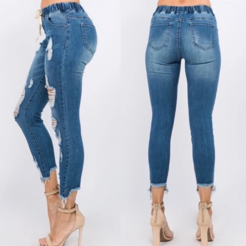 Plus Dark Wash Denim Distressed Skinny Joggers - Picture 5 of 6